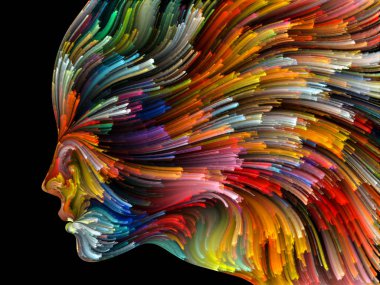 Yüz renk serisi. İnsan profili ve yaratıcılık, tasarım, iç dünya, içgüdü ve sanatsal ruhu boya mecazi ilişki ile hareketli renkli çizgiler bileşimi