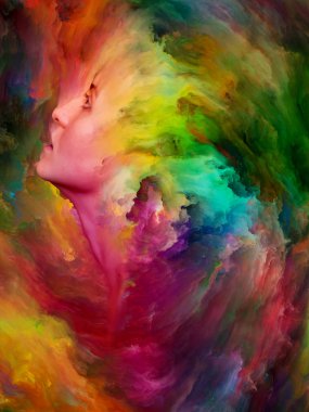 Kadının dünya serisi. Duygular, duygular, iç dünya, yaratıcılık ve hayal gücü konusunda canlı boya ile arka plan tasarım kadın portresi erimiş