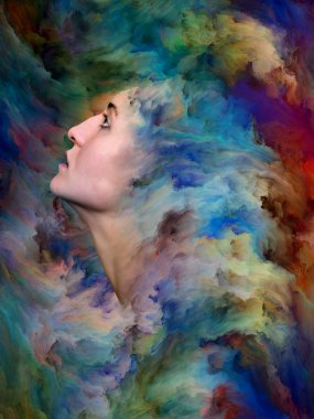 Kadınlar Dünya Serisi. Arkaplan, canlı boyayla kaynaşmış kadın portresinden oluşuyor ve duygular, iç dünya, yaratıcılık ve hayal gücü projelerinde kullanılmaya uygun.