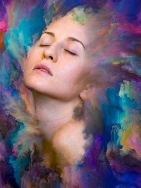 Dünya serisi. Duygular, duygular, iç dünya, yaratıcılık ve hayal gücü konularında kadın portresiyle birleştirilmiş soyut tasarım.