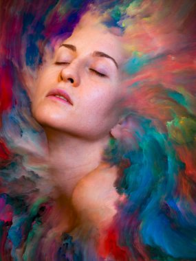 Dünya serisi. Duygular, duygular, iç dünya, yaratıcılık ve hayal gücü konularında kadın portresiyle birleştirilmiş soyut tasarım.