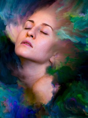 Dünya serisi. Duygular, duygular, iç dünya, yaratıcılık ve hayal gücü konularında kadın portresiyle birleştirilmiş soyut tasarım.