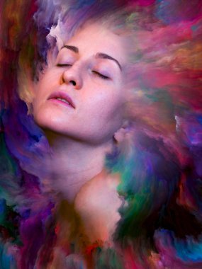 Dünya serisi. Kadın portresinin arka plan tasarımı duygular, duygular, iç dünya, yaratıcılık ve hayal gücü üzerine canlı boyalar ile kaynaştırılmış.