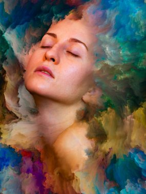 Dünya serisi. Duygular, duygular, iç dünya, yaratıcılık ve hayal gücü üzerine projeler için uygun bir zemin olarak canlı boyayla kaynaştırılmış kadın portresinin bileşimi