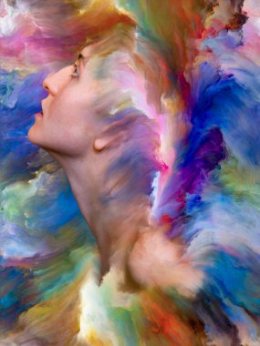 İç dış serisi. Duygular, duygular, iç dünya, yaratıcılık ve hayal gücü konusunda canlı boya ile soyut tasarım kadın portresi yapılan erimiş