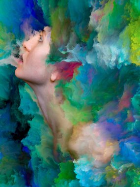 İç dış serisi. Duygular, duygular, iç dünya, yaratıcılık ve hayal gücü konusunda canlı boya ile arka plan tasarım kadın portresi erimiş