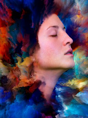 İç dış serisi. Duygular, duygular, iç dünya, yaratıcılık ve hayal gücü projelerde kullanmak için canlı boya ile kadın portresi oluşan zemin erimiş