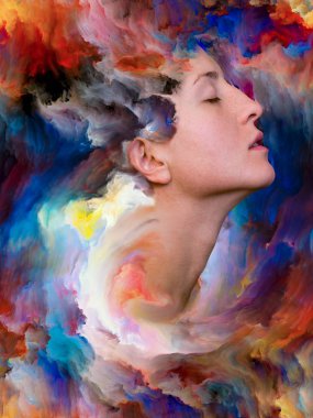 İç dış serisi. Kadın portre projeler üzerinde duygular, duygular, iç dünya, yaratıcılık ve hayal gücü için zemin olarak hizmet etmek için canlı boya ile erimiş bileşimi