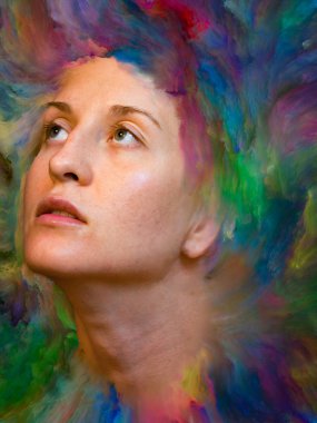 Onun Dünya serisi. Kadın portre canlı boya ile erimiş ve duygular, duygular, iç dünya, yaratıcılık ve hayal gücü projelerde kullanım için uygun zemin oluşur