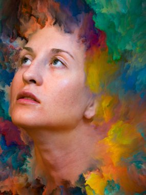 Dünya serisi. Duygular, duygular, iç dünya, yaratıcılık ve hayal gücü üzerine projelerle birleştirilmiş kadın portresinin soyut arkaplanı.