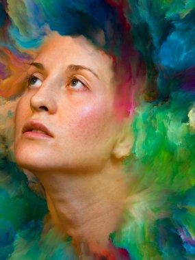 Dünya serisi. Duygular, duygular, iç dünya, yaratıcılık ve hayal gücü üzerine projelerle birleştirilmiş kadın portresinin soyut arkaplanı.