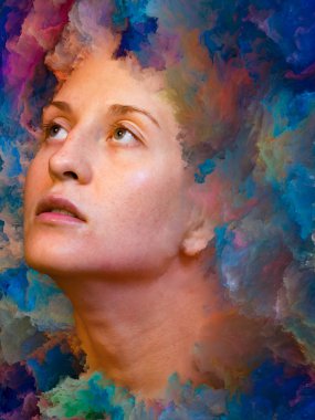 Dünya serisi. Duygular, duygular, iç dünya, yaratıcılık ve hayal gücü üzerine projelerle birleştirilmiş kadın portresinin soyut arkaplanı.