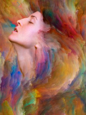 Onun Dünya serisi. Mecazi ilişki duygular, duygular, iç dünya, yaratıcılık ve hayal gücü ile canlı boya ile kadın portre bileşimi erimiş