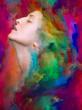 Onun Dünya serisi. Mecazi ilişki duygular, duygular, iç dünya, yaratıcılık ve hayal gücü ile canlı boya ile kadın portre bileşimi erimiş