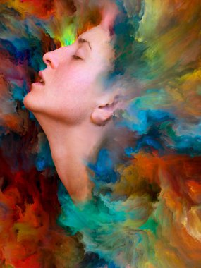 Dünya serisi. Duygular, duygular, iç dünya, yaratıcılık ve hayal gücü üzerine projeler için uygun bir zemin olarak canlı boyayla kaynaştırılmış kadın portresinin bileşimi