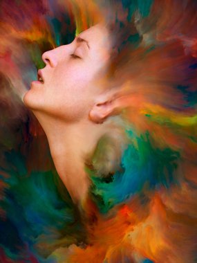 Dünya serisi. Duygular, duygular, iç dünya, yaratıcılık ve hayal gücü üzerine projeler için uygun bir zemin olarak canlı boyayla kaynaştırılmış kadın portresinin bileşimi