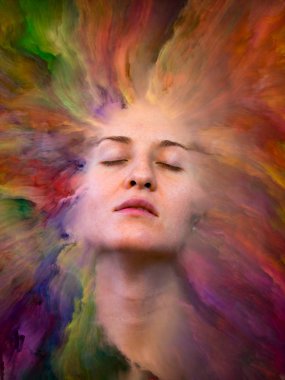 Dünya serisi. Duygular, duygular, iç dünya, yaratıcılık ve hayal gücü konularında bir metafor olarak kadın portresinin canlı resimlerle kaynaşmış yaratıcı düzenlemesi.