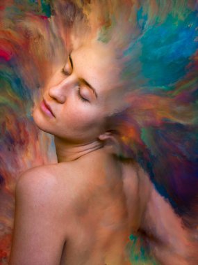 Onun Dünya serisi. Kadın portre tasarlamak zemin inşaat üstünde duygular, duygular, iç dünya, yaratıcılık ve hayal gücü için canlı boya ile erimiş