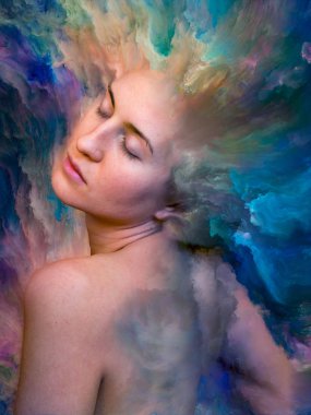 Onun Dünya serisi. Kadın portre tasarlamak zemin inşaat üstünde duygular, duygular, iç dünya, yaratıcılık ve hayal gücü için canlı boya ile erimiş