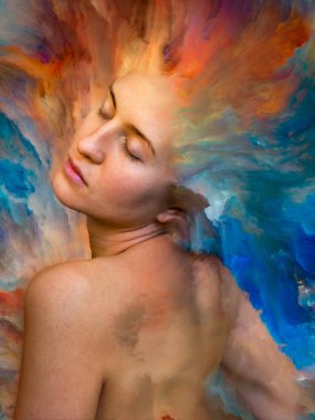 Onun Dünya serisi. Kadın portre tasarlamak zemin inşaat üstünde duygular, duygular, iç dünya, yaratıcılık ve hayal gücü için canlı boya ile erimiş