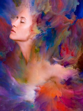 Dünya serisi. Duygular, duygular, iç dünya, yaratıcılık ve hayal gücü konularındaki tasarımınızı tamamlamak için kadın portresinin arka planı canlı boyayla kaynaşmış.