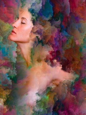 Dünya serisi. Duygular, duygular, iç dünya, yaratıcılık ve hayal gücü konularındaki tasarımınızı tamamlamak için kadın portresinin arka planı canlı boyayla kaynaşmış.