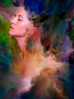 Onun Dünya serisi. Kadın portre bileşimi canlı boya için projeler üzerinde duygular, duygular, iç dünya, yaratıcılık ve hayal gücü ile erimiş