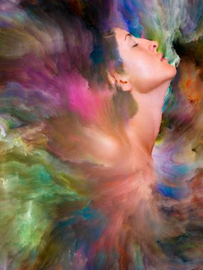 Dünya serisi. Kadın portresinin arka planı duygular, duygular, iç dünya, yaratıcılık ve hayal gücü üzerine canlı boyalar ile kaynaştırılmış.