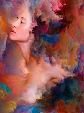 Onun Dünya serisi. Duygular, duygular, iç dünya, yaratıcılık ve hayal gücü konusunda canlı boya ile arka plan kompozisyonu kadın portresi erimiş