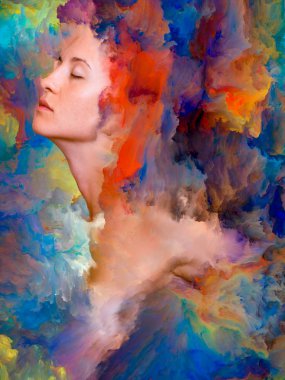 Onun Dünya serisi. Duygular, duygular, iç dünya, yaratıcılık ve hayal gücü konusunda canlı boya ile arka plan kompozisyonu kadın portresi erimiş