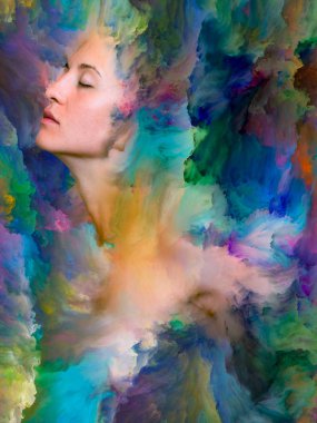 Onun Dünya serisi. Duygular, duygular, iç dünya, yaratıcılık ve hayal gücü konusunda canlı boya ile arka plan kompozisyonu kadın portresi erimiş