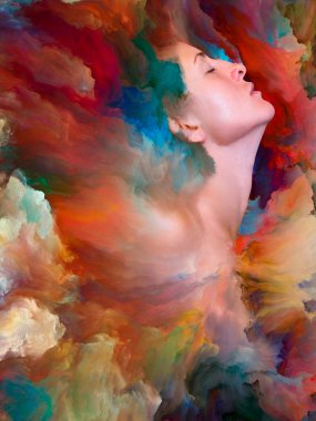 Dünya serisi. Kadın portresinin arka planı duygular, duygular, iç dünya, yaratıcılık ve hayal gücü üzerine canlı boyalar ile kaynaştırılmış.