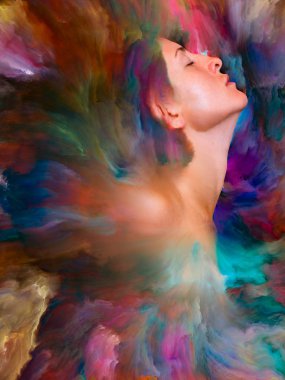 Dünya serisi. Kadın portresinin arka planı duygular, duygular, iç dünya, yaratıcılık ve hayal gücü üzerine canlı boyalar ile kaynaştırılmış.