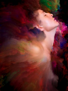 Onun Dünya serisi. Kadın portre konu duygular, duygular, iç dünya, yaratıcılık ve hayal gücü üzerinde canlı boya ile erimiş sanatsal soyutlama oluşan