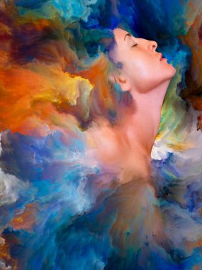 Onun Dünya serisi. Kadın portre konu duygular, duygular, iç dünya, yaratıcılık ve hayal gücü üzerinde canlı boya ile erimiş sanatsal soyutlama oluşan