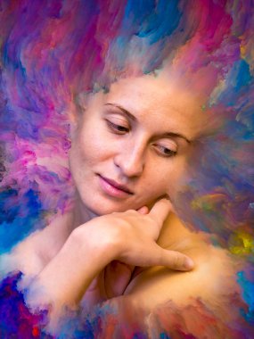 Onun Dünya serisi. Canlı boya uygun projeler üzerinde duygular, duygular, iç dünya, yaratıcılık ve hayal gücü ile erimiş kadın portresi aranjman