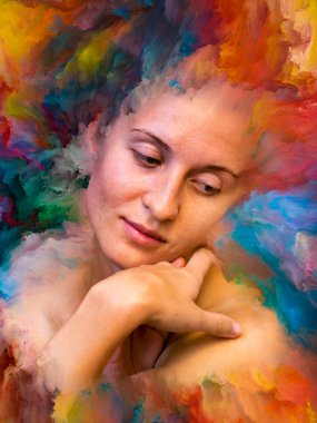 Dünya serisi. Kadın portresinin soyut bileşimi duygular, duygular, iç dünya, yaratıcılık ve hayal gücüyle ilgili projelere uygun canlı boyayla kaynaştırılmış.