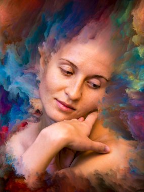 Dünya serisi. Kadın portresinin soyut bileşimi duygular, duygular, iç dünya, yaratıcılık ve hayal gücüyle ilgili projelere uygun canlı boyayla kaynaştırılmış.