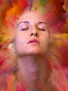 Dünya serisi. Kadın portresinin soyut bileşimi duygular, duygular, iç dünya, yaratıcılık ve hayal gücüyle ilgili projelere uygun canlı boyayla kaynaştırılmış.