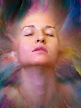 Onun Dünya serisi. Kadın portre konusu duygular, duygular, iç dünya, yaratıcılık ve hayal gücü için canlı boya ile erimiş grafik bileşimi