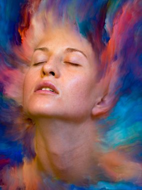 Onun Dünya serisi. Kadın portre konusu duygular, duygular, iç dünya, yaratıcılık ve hayal gücü için canlı boya ile erimiş grafik bileşimi