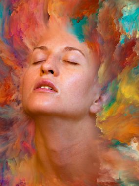 Dünya serisi. Duygular, duygular, iç dünya, yaratıcılık ve hayal gücü üzerine çalışmalar için kadın portresinin canlı boya ile kaynaşmış görsel olarak memnun edici bileşimi