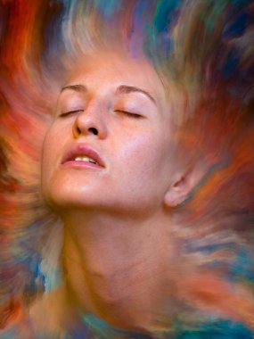 Dünya serisi. Duygular, duygular, iç dünya, yaratıcılık ve hayal gücü üzerine çalışmalar için kadın portresinin canlı boya ile kaynaşmış görsel olarak memnun edici bileşimi