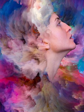 Onun Dünya serisi. Duygular, duygular, iç dünya, yaratıcılık ve hayal gücü projelerde kullanmak için canlı boya ile kadın portresi oluşan zemin erimiş