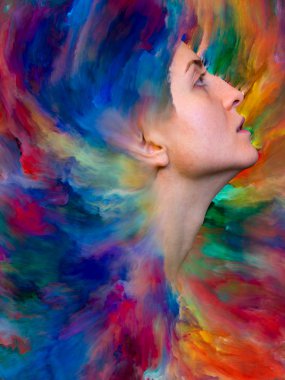 Onun Dünya serisi. Duygular, duygular, iç dünya, yaratıcılık ve hayal gücü projelerde kullanmak için canlı boya ile kadın portresi oluşan zemin erimiş