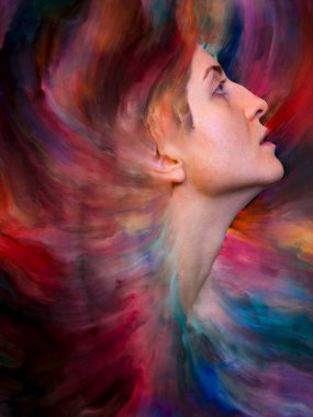 Onun Dünya serisi. Duygular, duygular, iç dünya, yaratıcılık ve hayal gücü projelerde kullanmak için canlı boya ile kadın portresi oluşan zemin erimiş