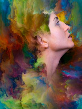 Onun Dünya serisi. Duygular, duygular, iç dünya, yaratıcılık ve hayal gücü projelerde kullanılmak üzere canlı boya ile kadın portresi yapılan sanatsal arka plan erimiş