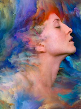 Dünya serisi. Duygular, duygular, iç dünya, yaratıcılık ve hayal gücü konularında bir metafor olarak kadın portresinin canlı resimlerle kaynaşmış yaratıcı düzenlemesi.