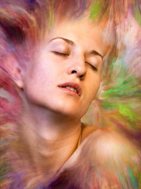 Dünya serisi. Duygular, duygular, iç dünya, yaratıcılık ve hayal gücü konularında kadın portresiyle birleştirilmiş soyut tasarım.