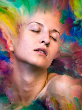 Dünya serisi. Duygular, duygular, iç dünya, yaratıcılık ve hayal gücü konularında kadın portresiyle birleştirilmiş soyut tasarım.